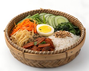 Traditional basket with Korean veggie bibimbap rice kimchi and colorful toppings on white background