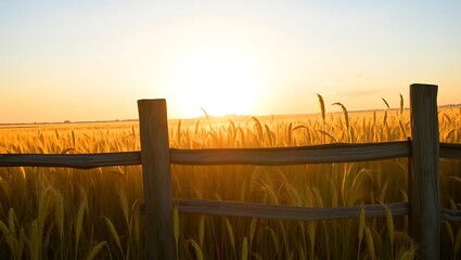 A golden wheat field behind a rustic wooden fence at sunset with a bright and warm sky above