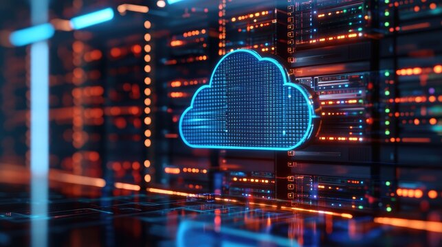 Illuminated cloud computing icon in a server room.