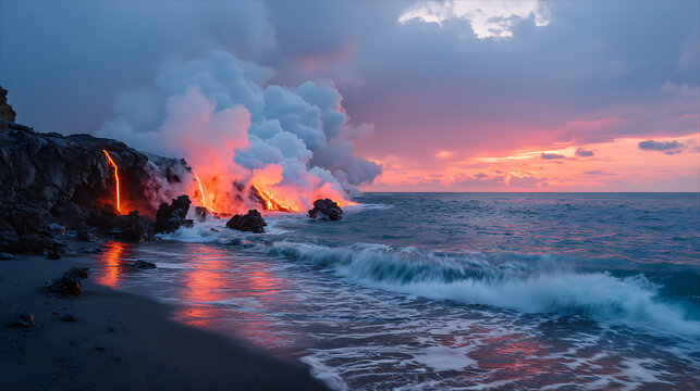 Lava Entering Ocean With Steam And Glowing Rocks For Cinematic Travel Or Science Editorial