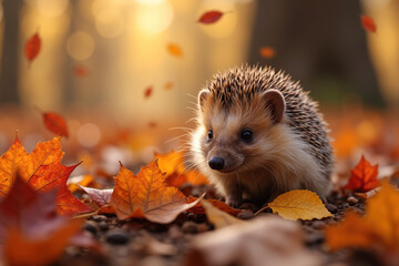 A hedgehog surrounded by vibrant autumn leaves, with a blurred forest background and warm sunlight filtering through.