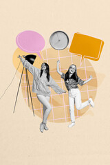 Vertical zine pop trend collage of happy girl guy stand bubble communication speech time expire limit conversation speech