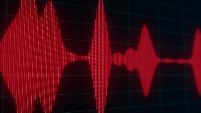 Digital Voice Recording Waveform: Surveillance, Wiretapping, and Eavesdropping Audio Analysis. Red Sound Waves on Dark Grid for Audio Monitoring, Spying, Security, and Intelligence Operations