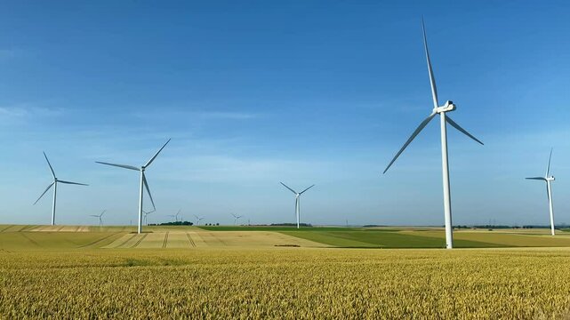 Wind turbines generating green renewable electricty above wheat fields France