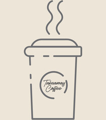Minimalist Line Art Disposable Coffee Cup with Steam and Circular Takeaway Coffee , Simple Gray Design with Lid and Vapor Lines, Clean Modern Beverage Illustration for Cafes