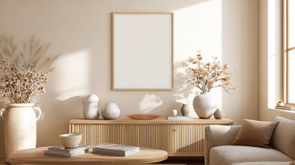 Vertical frame mockup on a cream wall in a minimalist Scandinavian living room with a sideboard and sofa.