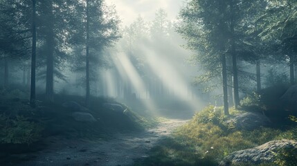 Obraz premium Misty forest path lit by lanterns creates an enchanting atmosphere at twilight in a remote wilderness area
