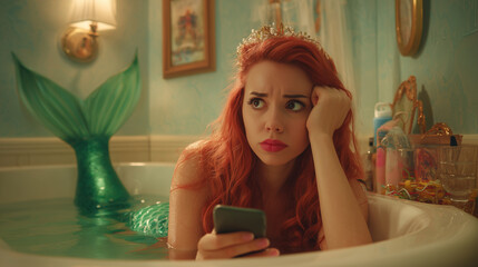 Melancholic mermaid in bathtub using smartphone, regretful red-haired woman with green tail trapped in tub in modest apartment, longing for ocean freedom, symbol of isolation, boredom, and lost dreams