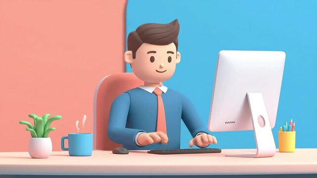 Minimal 3D Cartoon Businessman Working on Computer at Desk