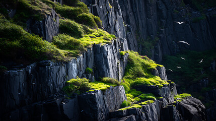 Ancient Volcanic Black Cliffs And Moss At Sunset For Fine Art Print Or Education