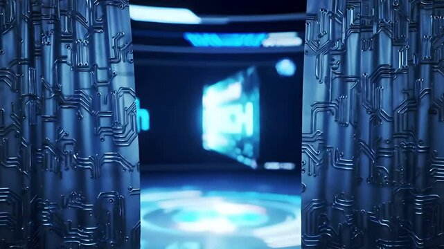 High-Tech Stage Reveal with Circuit Board Curtains and Vibrant ITECH Logo, Futuristic Stage Design with Detailed Circuit Pattern and Illuminated Tech Event Backdrop