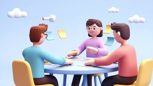 Minimal 3D Cartoon Team Collaborating Around Planning Table