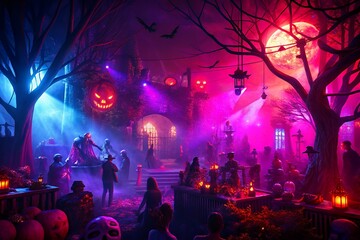 Obraz premium Enchanting halloween night with glowing pumpkins spooky creatures and mystical purple and blue lights