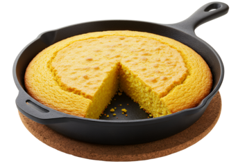 Delicious freshly baked, golden-yellow cornbread in a black cast iron skillet, white background isolated