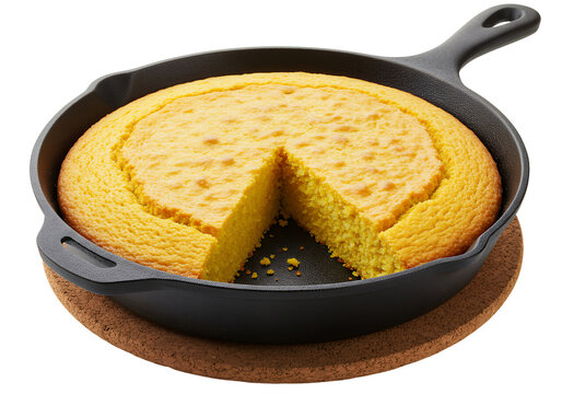 Delicious freshly baked, golden-yellow cornbread in a black cast iron skillet, white background isolated