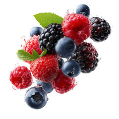 A vibrant mix of fresh berries, including raspberries, blueberries, and blackberries, suspended mid-air with water droplets. The berries appear ripe, juicy, and ready to be eaten.