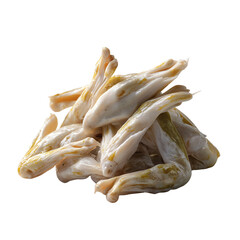 Close-up shot of a pile of pickled daikon radish. The daikon is pale yellow-white with green flecks.