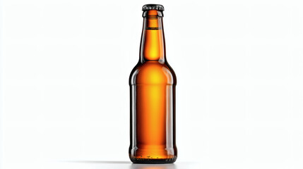A single, brown beer bottle stands upright against a bright, white backdrop.