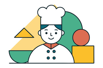Culinary Creator: A cheerful chef, distinguished by his toque blanche and crisp uniform, stands amid an array of geometric shapes, representing the artistic dimension of his profession.