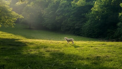Naklejka premium Idyllic Morning Pasture with Lone Lamb in Sunlit Forest Meadow