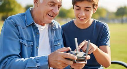 A grandson patiently teaches his smiling grandfather how to use a drone controller in a sunny park.