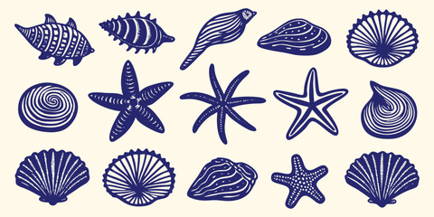 Vintage engraving style marine life vector illustration set. Detailed seashells, starfish, and aquatic elements in blue ink. Nautical graphic for print, decor, textile, and design projects.