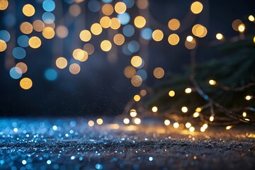 Soft focus bokeh lights in warm gold and cool blue tones create a magical festive atmosphere
