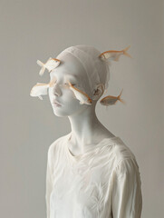 Surreal Portrait of Woman with Fish Surrounded by Delicate Light