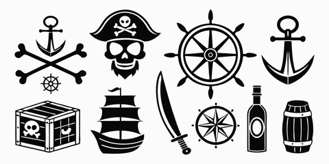 Set of black pirate and nautical vector silhouette icons. Graphic elements including skull, ship wheel, anchor, ship, sword for design, branding, game, and adventure theme projects.