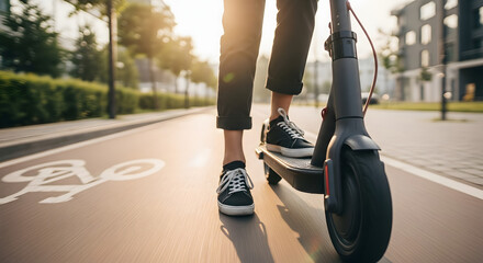 A person commutes on an electric scooter in a dedicated city bike lane at sunrise.