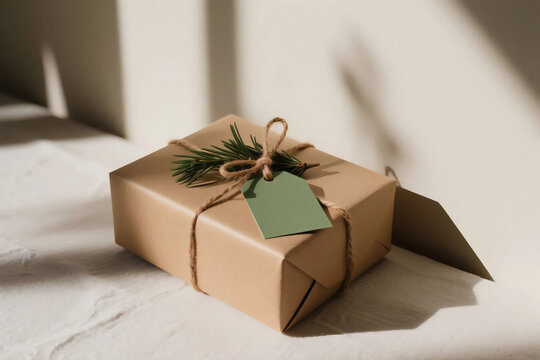 gift box on wooden background gift bag package with blank tag Kraft Pouch with Blank Tag and Jute String 