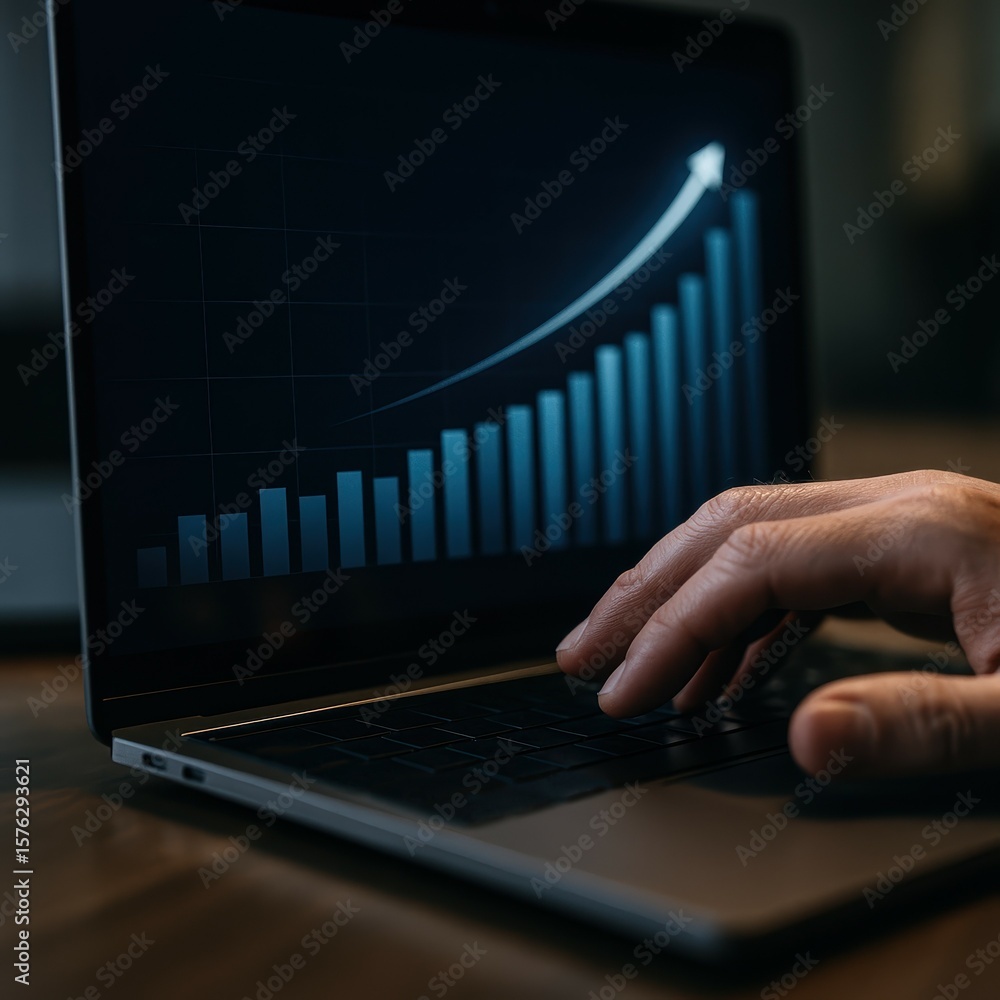 Poster hand interacting with laptop displaying upward trend graph in a dark workspace environment