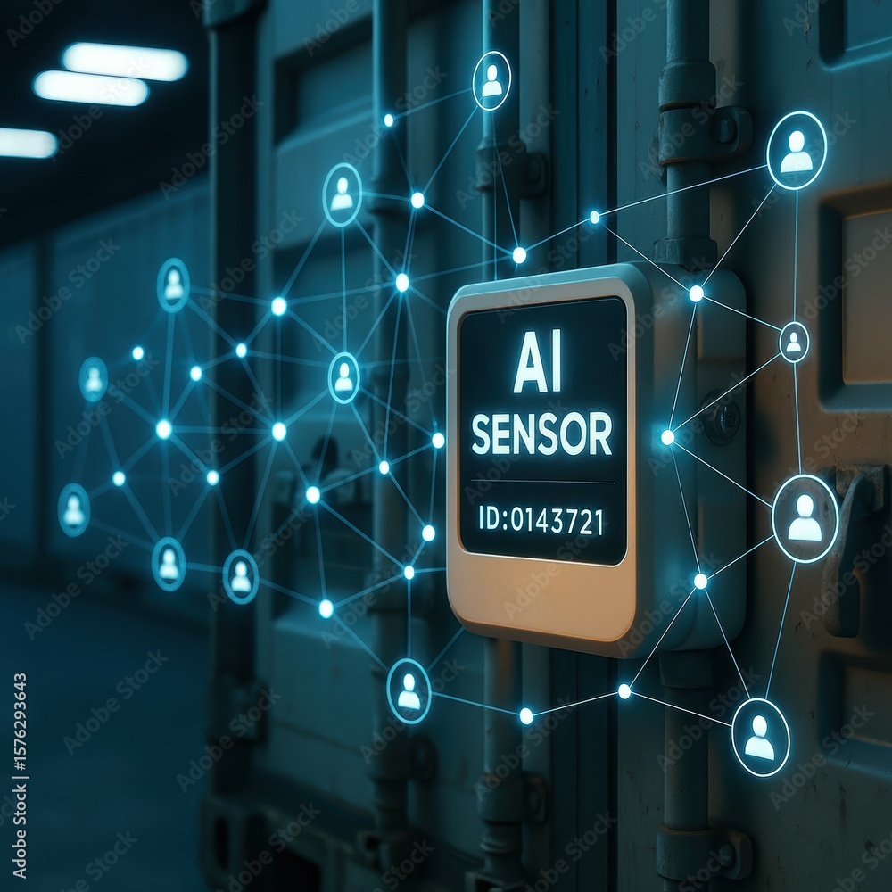 Poster high-tech sensor display on industrial equipment with digital connections and data visualization