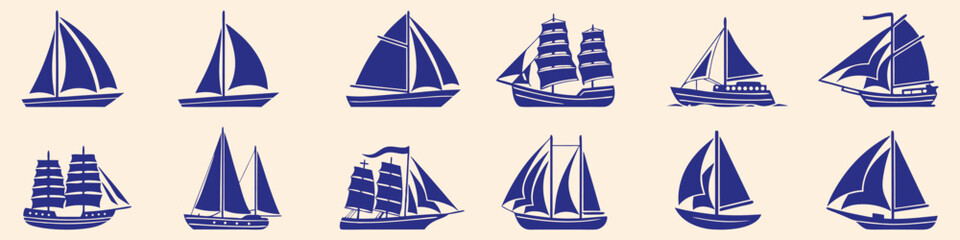 Set of vintage style sailboats and ship wheel vector illustration. Blue nautical graphic elements with various sailing ships for maritime design, print, logo, and decor projects.