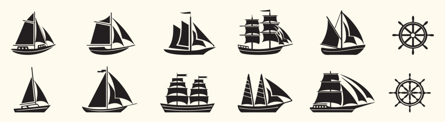 Set of vintage style sailboats and ship wheel vector illustration. Monochrome nautical graphic elements with various sailing ships for maritime design, print, logo, and decor projects.