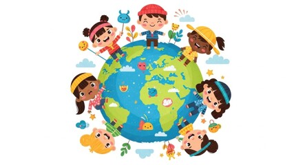 Naklejka premium Children of the world holding hands around the globe celebrating diversity and unity