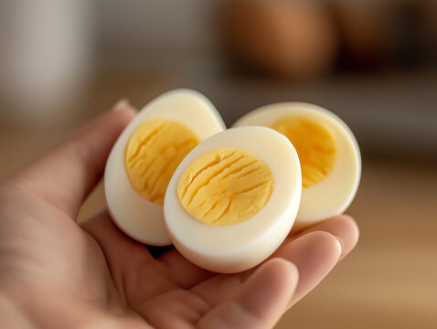 Hand holding a half cut of boiled eggs