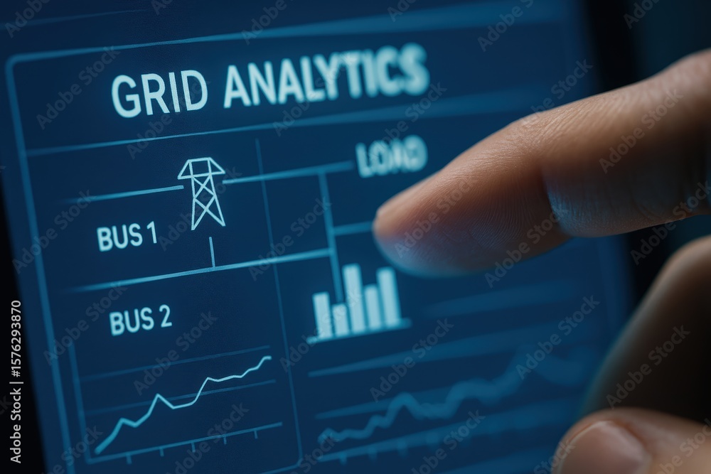 Poster detailed grid analytics interface with power line and data visualization touch interaction