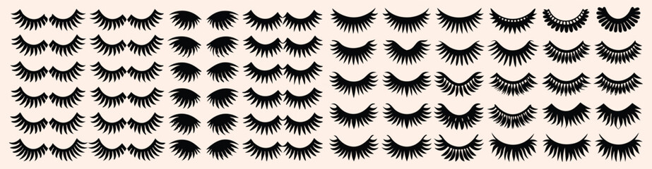 Set of realistic vector eyelashes. Black graphic illustration of various upper lash shapes and volumes. Beauty and makeup element for cosmetic branding, ads, and design projects.