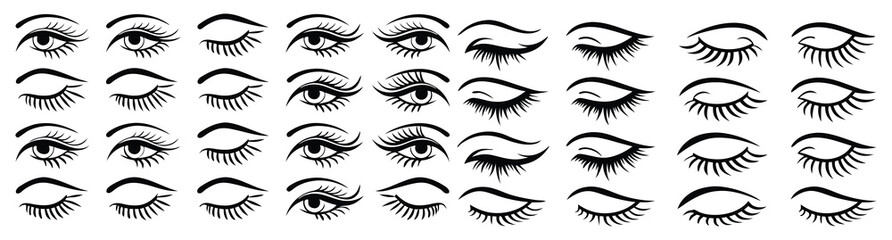 Set of hand drawn vector eye illustrations with eyelashes. Black and white realistic graphic showing various expressions. Beauty and makeup element for cosmetic design, art, and branding projects.