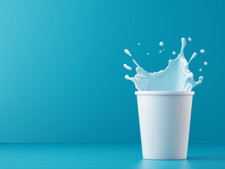 Splasing glass of milk in a soli blue background