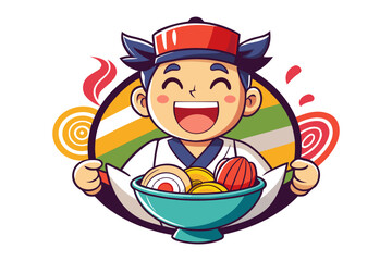 Happy Chef Cartoon: A cheerful cartoon chef proudly presents a bowl of delicious-looking food, radiating joy and culinary expertise.