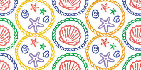 Colorful hand drawn seamless pattern. Marine life vector illustration with seashells and starfish in rope circles. Fun nautical ocean print for kids, fabric, packaging, and beach design.
