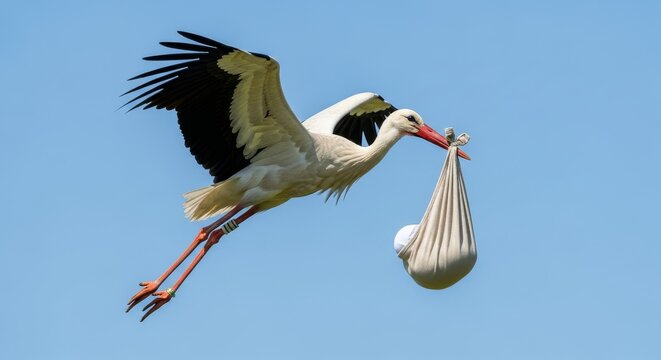 A White stork carries a newborn baby in a cloth bundle, symbolizing the classic folklore of storks delivering babies.