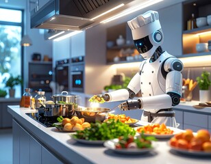 Robotic chef in smart futuristic kitchen. Innovative robot chef preparing culinary dishes.