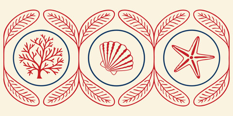Summer graphic element set. Vintage style round frames with marine life icons and red botanical shapes. Nautical vector collection for print, cards, and decor projects.