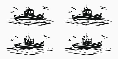 Vintage vector illustration of a fishing boat on the ocean. Black and white woodcut style marine graphic with seagulls for print, pattern, nautical decor, and sea theme design.