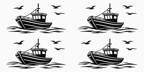 Vintage fishing boat vector illustration. Black and white woodcut style boat on waves with seagulls. Nautical marine graphic for print, pattern, decor, and sea theme design.