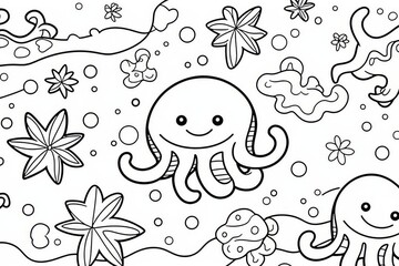 Cute cartoon sea creatures coloring page octopus starfish bubbles bold lines bright doodle art ocean kids design