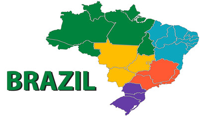 Obraz premium map of Brazil with regions in green, teal, orange, yellow, and purple, divided by black borders, ideal for education and travel use